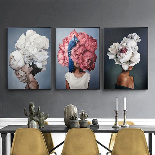 

paintings decorative painting flowers feathers woman abstract canvas wall art print poster picture living room home decoration