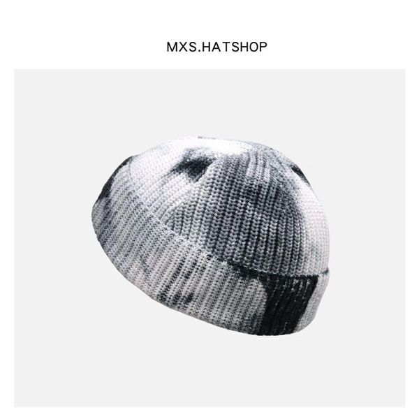 

beanie/skull caps black and white tie dyed woolen for men women, Blue;gray