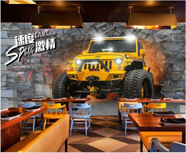 

wallpapers 3d wallpaper for walls in rolls home decor yellow off-road car breaking the wall custom mural stickers po