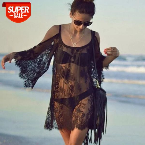 

2019 new summer women bathing suit lace crochet bikini cover up female see-through cover-up swimwear summer beach dress us #ro06, White;black