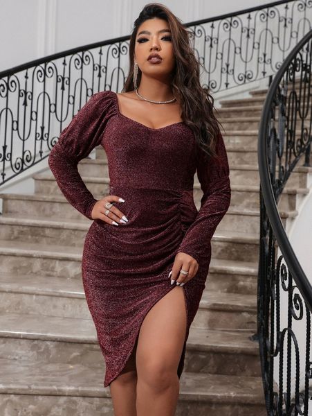 

plus sweetheart neck gigot sleeve ruched split thigh glitter dress u8zx#, Black