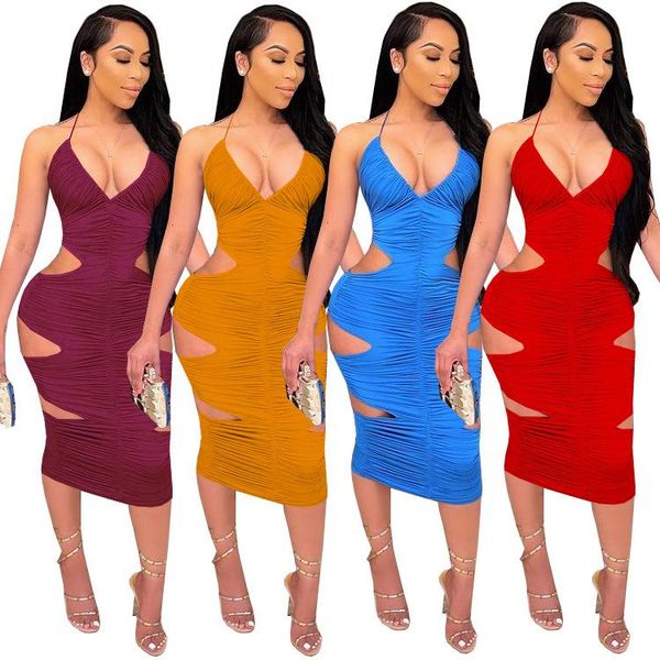 

casual dresses zaggin 2021 summer women solid 4-color backless skinny midi dress v-neck sleeveless sling lady hollow out, Black;gray
