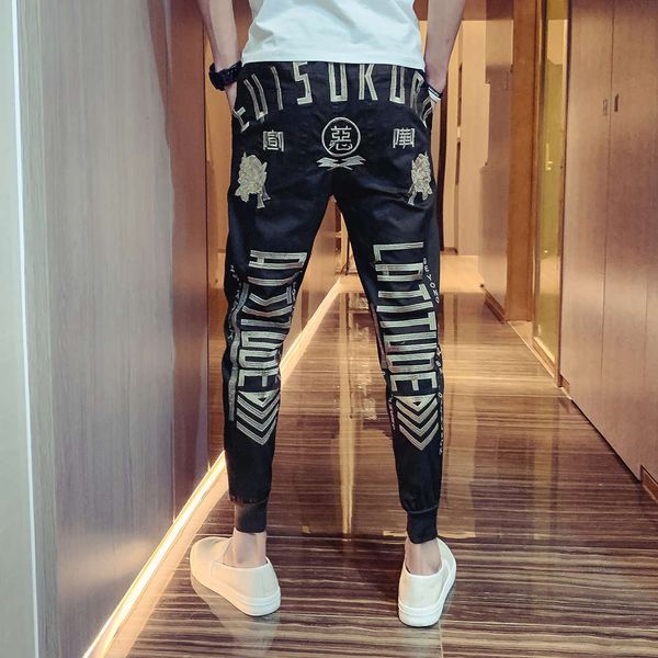 

summer new flower pants men's korean fashion casual leggings personality hairstylist social spirit boy fashion brand, Blue