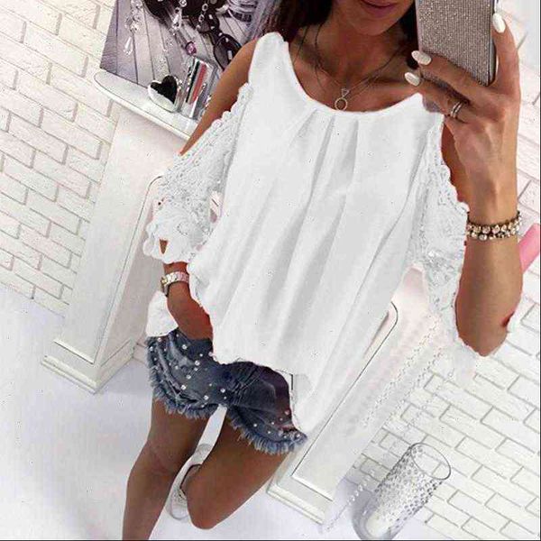 

womens casual shirts off shoulder blouse hollow out sleeve lace patchwork shirt ladies boho tunic, White