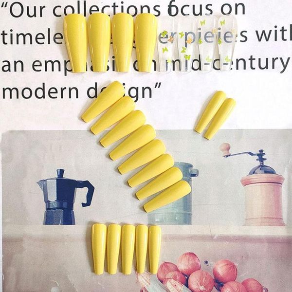 

false nails yellow butterfly fake summer elegant press on nail manicure tips long coffin cover artificial full z1d4, Red;gold