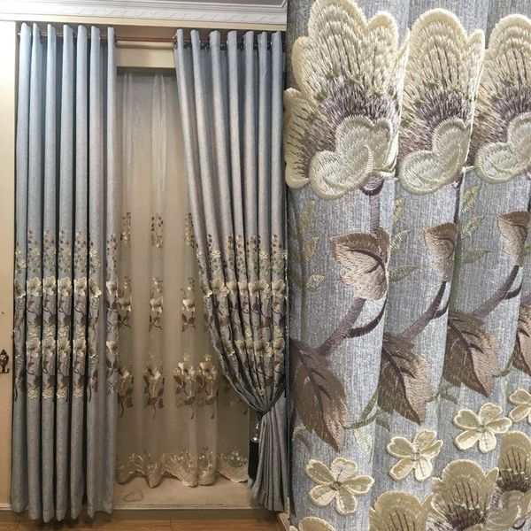 

haze blue chenille curtain fabric, exquisite embossed embroidered living room bedroom balcony curtains and screens