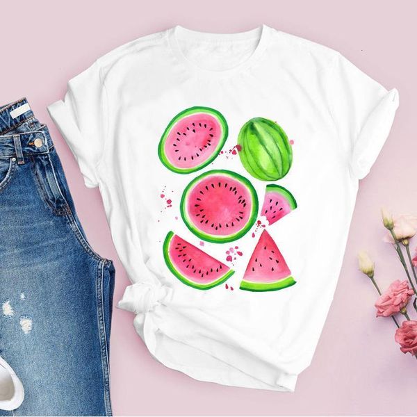 

women graphic watercolor watermelon fruit cartoon short sleeve printed lady tees clothing female t shirt womens t-shirt, White
