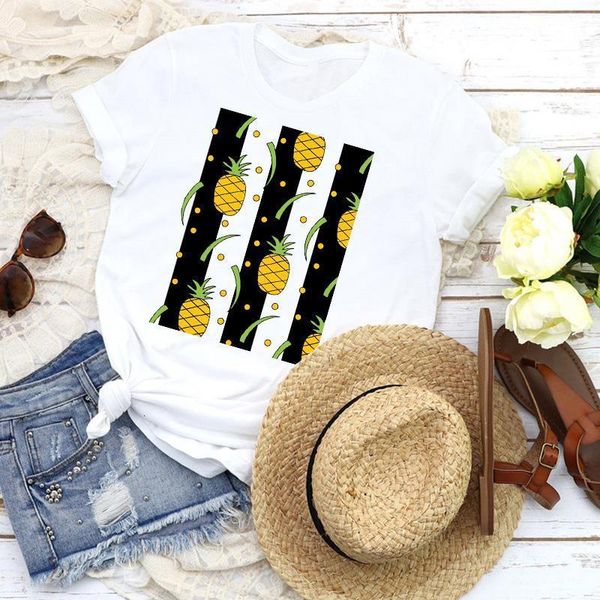 

women graphic cartoon pineapple striped fruit sweet 90s girl lady clothing female tees print t shirt womens t-shirt, White