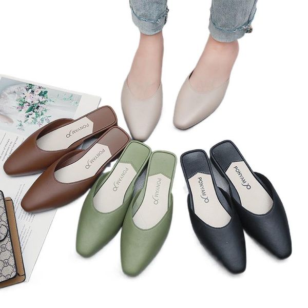 

slippers sandals casual pu outer wear flat-bottom non-slip low-heeled lazy women slides 2021 summer female, Black