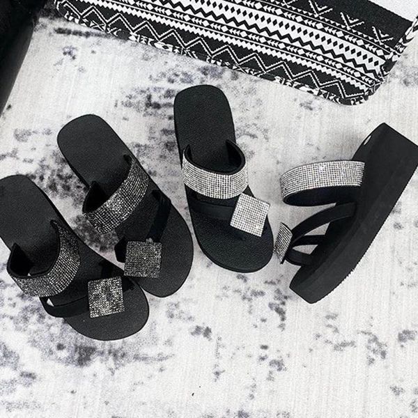 

slippers summer women crystal butterfly wedges sandals non-slip flip flops flat beach shoe fashion high heels, Black