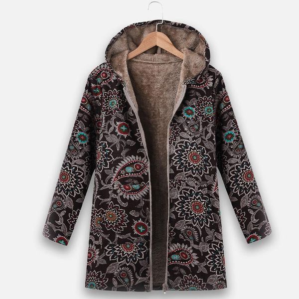 

women's jackets jacket female women vintage zipper ethnic print hooded fleece long sleeve coat plus suze s-5xl manteau femme, Black;brown
