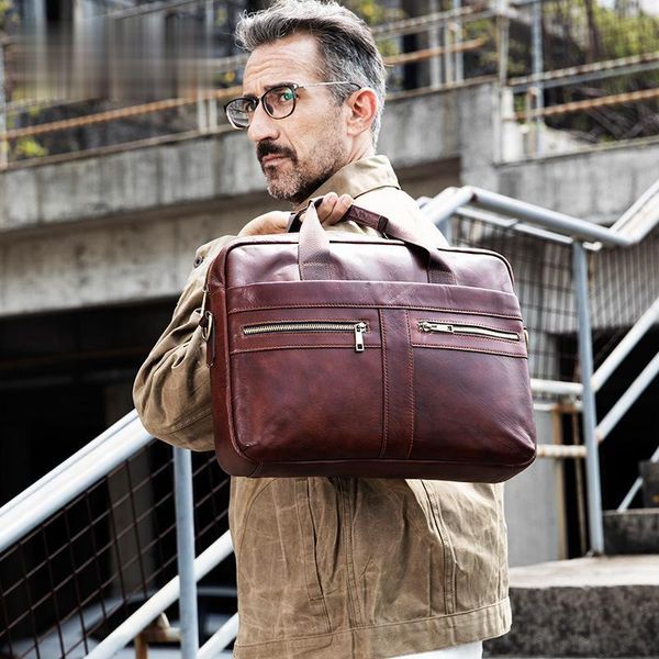 

2021 luxury 100% cow genuine leather business men's briefcase male shoulder bag real leather men messenger bag tote computer