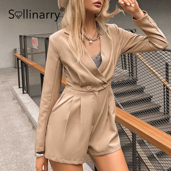 Sollinary Sale Langarm-Strampler mit hoher Taille, Damen-Büro, lässig, lockere Overalls, High Street, V-Ausschnitt, Knöpfe, Damen-Overalls 210709