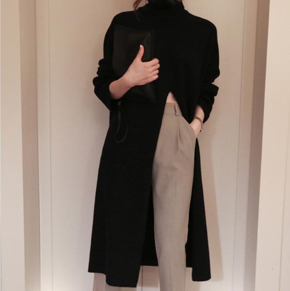 

korean front slit knitted women sweater vintage turtleneck long sleeve side split pullover jumpers long oversize base knitwear, White;black