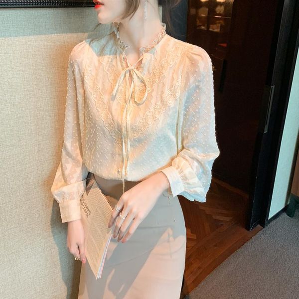 

women's blouses & shirts blouse women spring long-sleeved v-neck lace bottoming shirt bow tie stitching chiffon apricot printed female, White