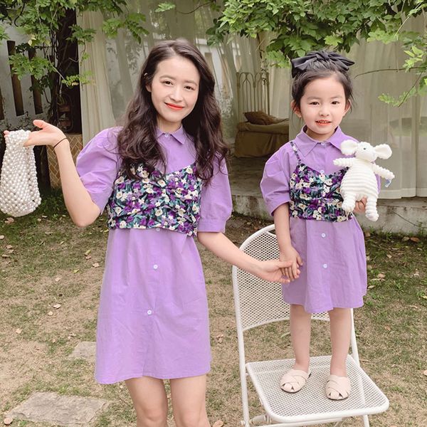 

medium xiaogua version 2021 korean summer new women's length shirt drs vt suit parent child wear, Blue