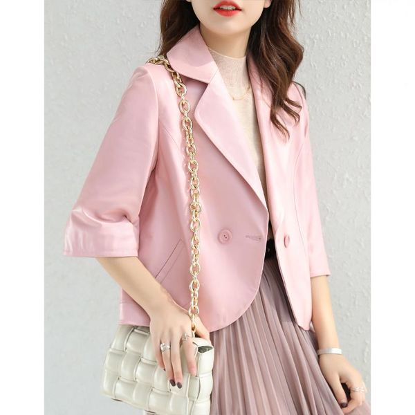 

women's leather & faux 2021 spring autumn women jacket pink short office lady woman genuine coat sheepskin female clothes wpy3320, Black