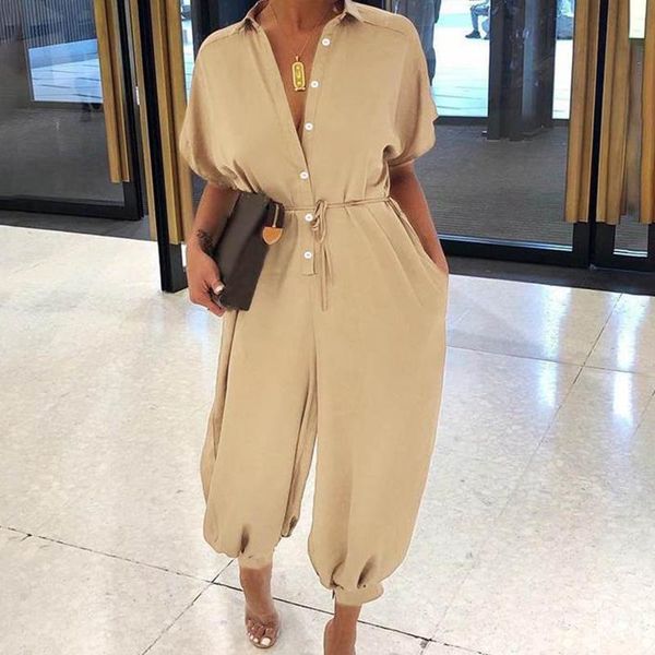 

women's jumpsuits & rompers 2021 v-neck button lace-up jumpsuit summer short sleeve loose playsuit overalls women elegant leopard print, Black;white