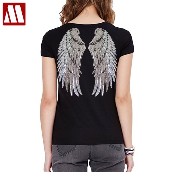 Fashion Sequion Angel Wings T-shirt T-shirt Mulher Causal Tops Novidade Meia Manga O-Pescoço T Camisa Novo Verão Loose Appliques Sexy T-shirts 210309