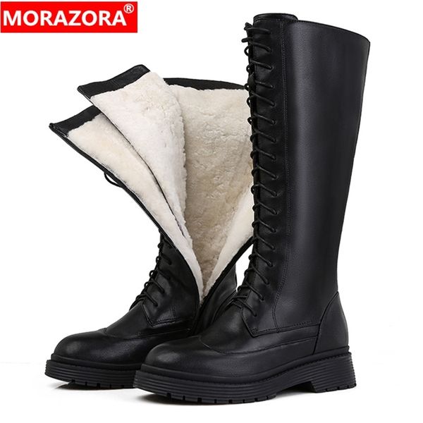 

morazora genuine leather boots women shoes lace up warm winter boots nature sheep wool mid calf boots ladies botas 211103, Black