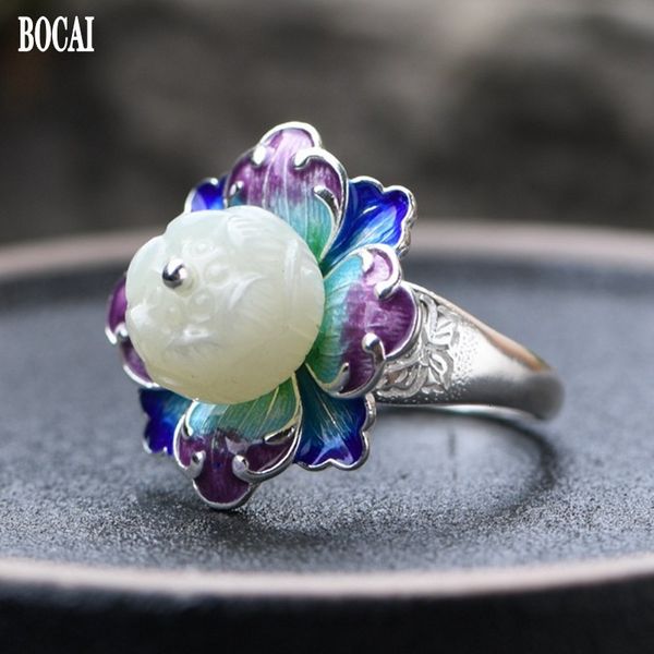 

2021 new real s925 pure sier jewelry woman vintage cloisonne enamel peony flower natural jade ring for women hzlf, Silver