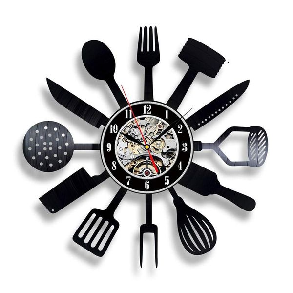 

wall clocks knife and fork kitchen clock record modern design led night light restaurant dining hall decor