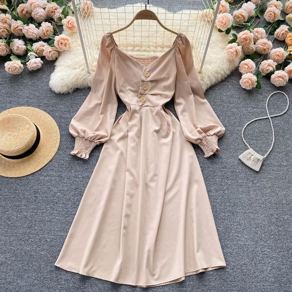 

casual dresses singreiny women elegant french dress long sleeve v neck elastic ruched a-line autumn fashion streetwear midi, Black;gray