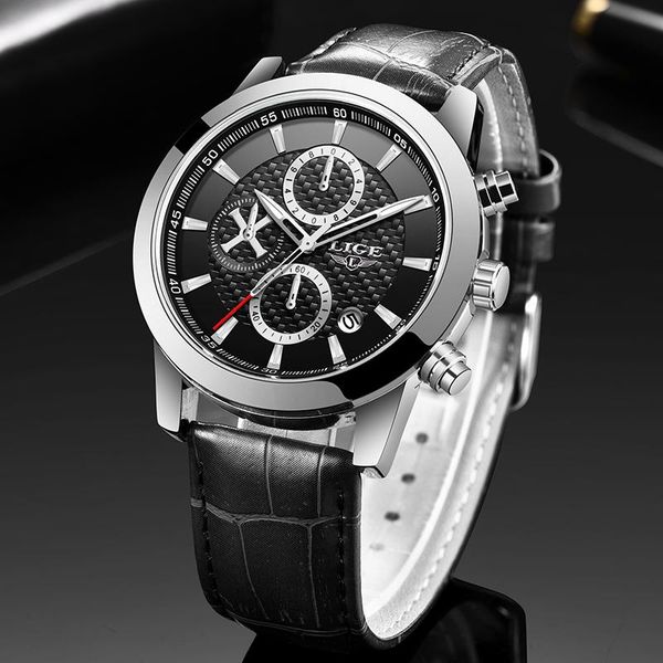 

wristwatches 2021 lige mens watch silver black leather watches for men quartz wrist casual sport chronograph waterproof clock+box, Slivery;brown