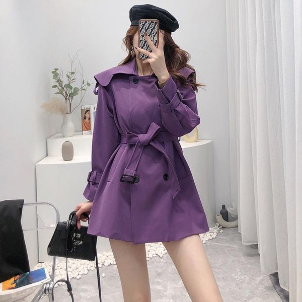 

women's trench coats [ewq] korea chic purple coat autumn 2021 laple loose lace up waist double breasted long sleeve windbreaker, Tan;black