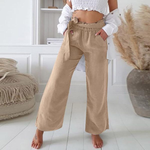 

women's pants & capris for women casual solid cotton blend linen belt pocket loose wide leg japanese pant trousers pantalon, Black;white