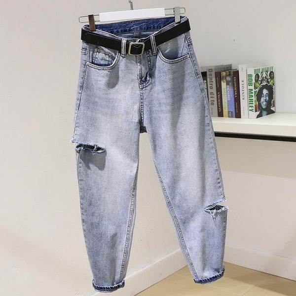 

women's jeans boyfriend ripped for women 2021 trousers loose vintage mom streetwear high waisted denim harem pants mujer, Blue