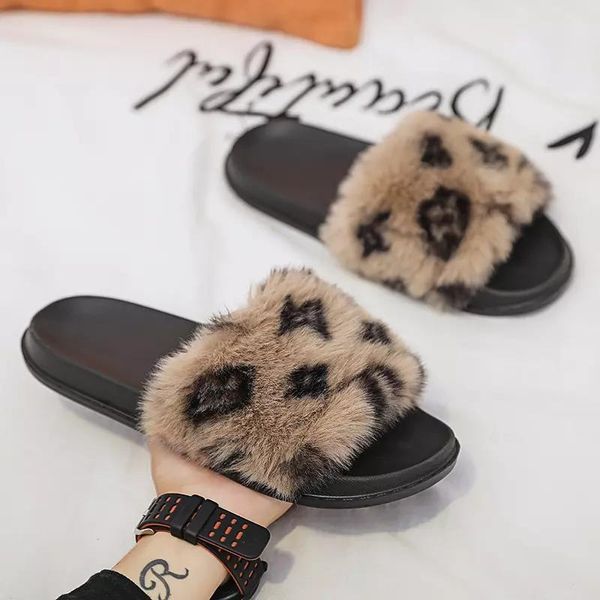 

ladies 2021 indoor home fur slippers women winter house slip on furry slides, Black