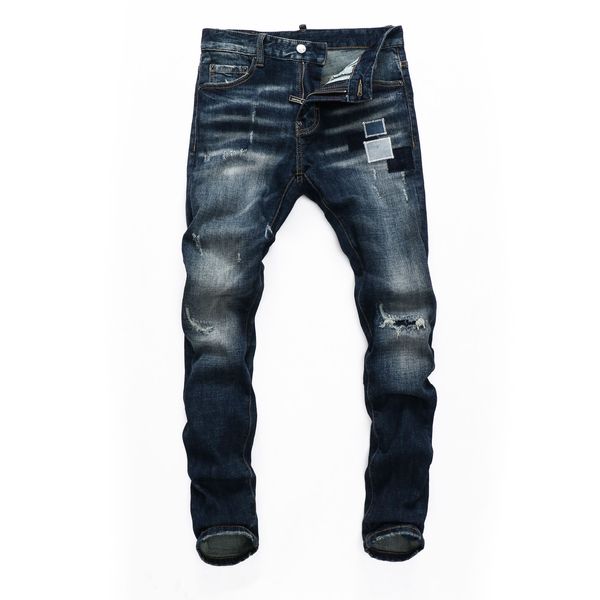 Mens calças skinny jeans luz lavagem rasgada longa rocha de motocicleta azul