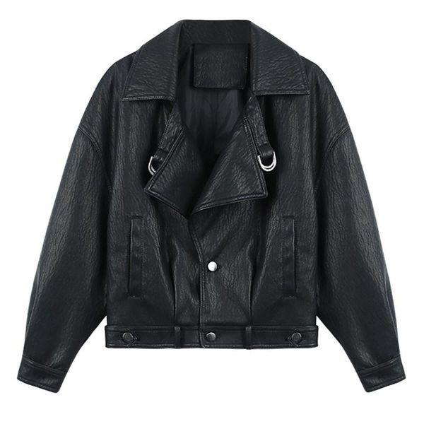 

women's leather & faux sondr spring autumn jacket women loose turndown collar single breasted motorcycle coats girls outerwear, Black