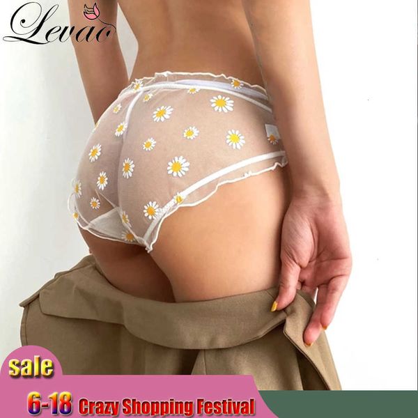 

women's panties levao daisy print cute mesh underwear transparent female hollow out string temptation thong seamless briefs, Black;white