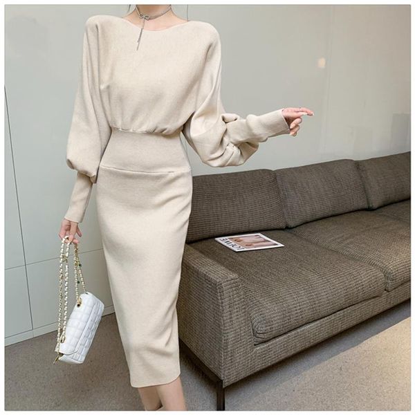 

casual dresses 2021 autumn winter women round neck solid color knitted dress ladies fashionable temperament long sleeve sweaters, Black;gray
