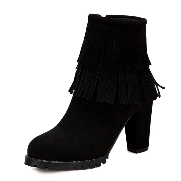 

big size thick and fringe ankles square foot toe round zipper short side stuffed beige boots feminine 976p, Black