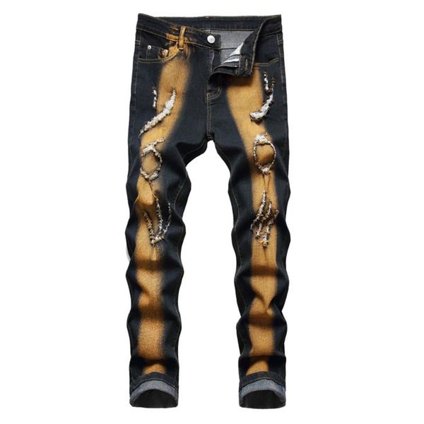 

men's jeans slim straight stretch denim streetwear holes ripped pants contrast color trousers, Blue
