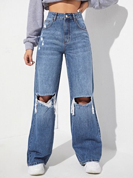 

high waisted ripped wide leg jeans i7jt#, Blue