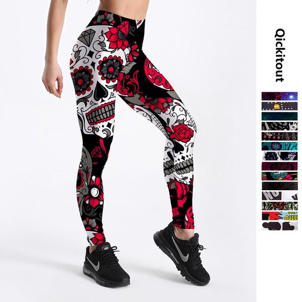 

women's leggings qickitout 12% spandex fashion cartoon ice god horse skull digital printed legging womens star stretch pants, Black