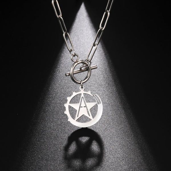 

pendant necklaces teamer punk wheel star toggle necklace choker stainless steel pentagram grunge hip jewelry ot buckle chain, Silver