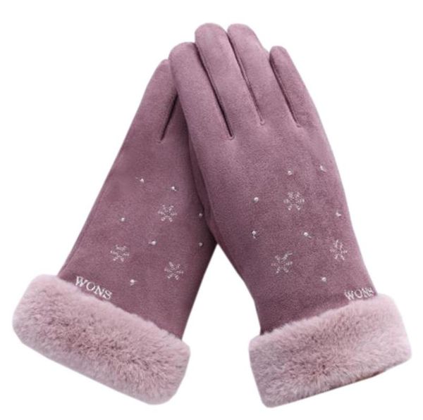 

five fingers gloves women' touch screen driving female autumn winter snowflake embroidered faux suede full finger mittens, Blue;gray