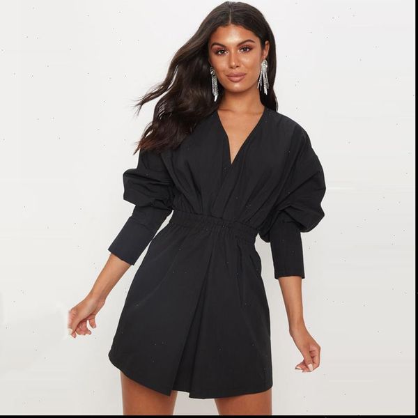 

2021 spring autumn new fashion womens dresses deep v neck long sleeved tunic dress elegant sundress vestidos, Black;gray