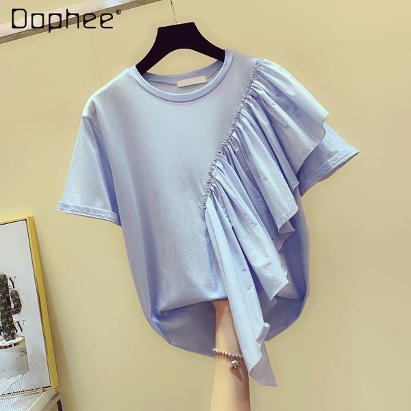 

women's t-shirt 2021 summer solid color simple korean style loose lotus leaf stitching short-sleeved cotton half-sleeved, White