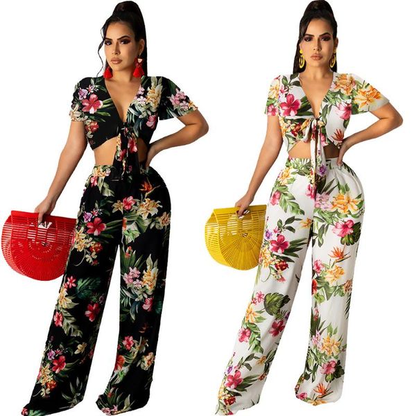 

women's two piece pants women short sleeve tie v neck crop and wide leg set pieces elegant boho beachwear summer, White