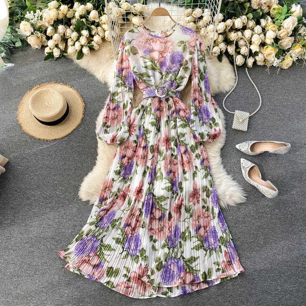 Primavera Feriados Férias Chiffon Mulheres Impresso Praia Praia Vestido 2021 Vintage Elegante O-Neck Maxi Vestido com Cinto Femme Robe Y0726