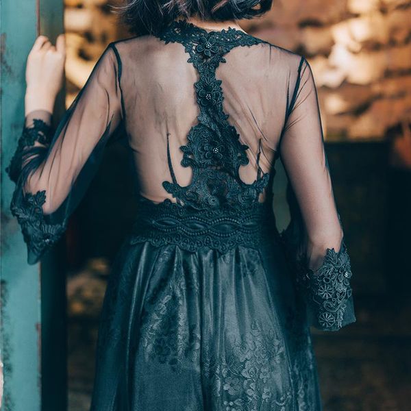 

yosimi 2021 summer maxi lace long women dress ladies v-nek backless evening party fairy ankle-length lace black female vestidos, Black;gray