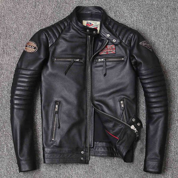 

motorcycle genuine leather et for style biker ets slim cowhide spring coat men, Black