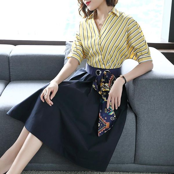 

casual dresses 2021 summer fashion office lady shirt dress elegant waist stripe stitching women lace-up business formal, Black;gray