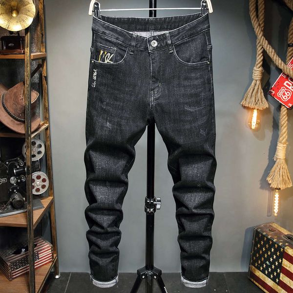 

autumn and winter jeans men's slim thin velvet thickened black elastic feet casual long pants fleece, Blue